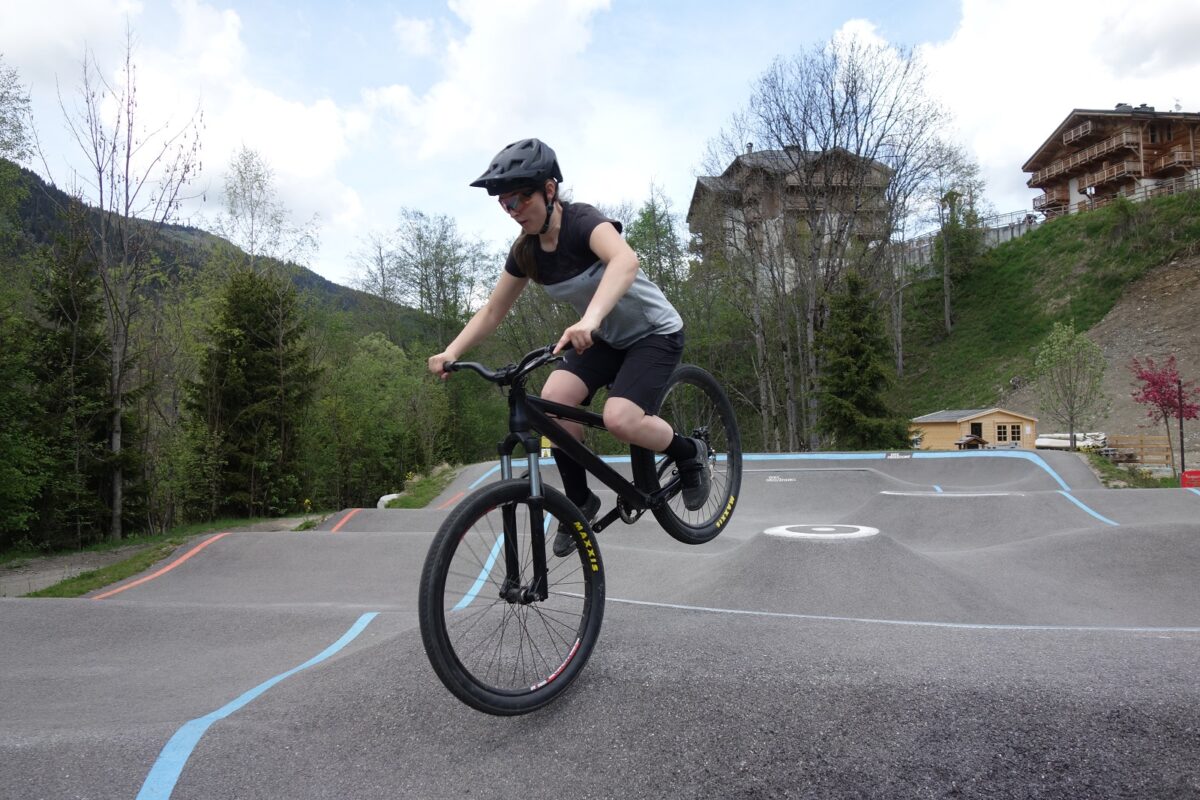 Fiona on the berm - backslope transfer at Les Contamines