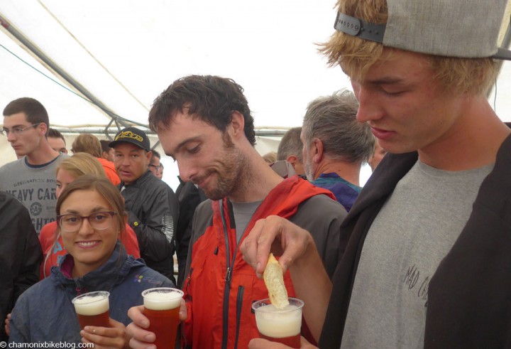 Free Galibier beer, very welcome to ease the pain in the hand, Frederik also getting in with the pain, his first enduro race obviously leaving him a bit confused, WC DH is much shorter....